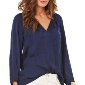 Lilly Pulitzer Elsa Navy Blue Silk Blend Embroidered Split V-Neck Blouse XS